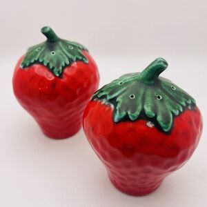 Mid Century Red Strawberry Salt and Pepper Shakers Green Leaves Glazed Ceramic